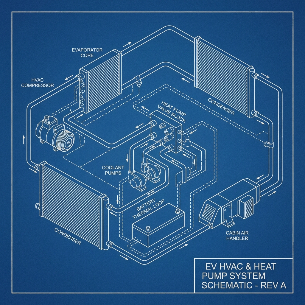 Audi e-tron Supermanifold and Octovalve Failure technical blueprint illustration for Las Vegas repair service - detailed component schematic with orange accent highlights