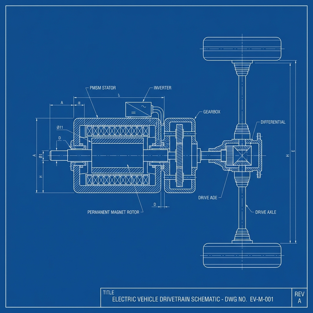 Audi e-tron Drive Unit and Electric Motor Failure technical blueprint illustration for Las Vegas repair service - detailed component schematic with orange accent highlights
