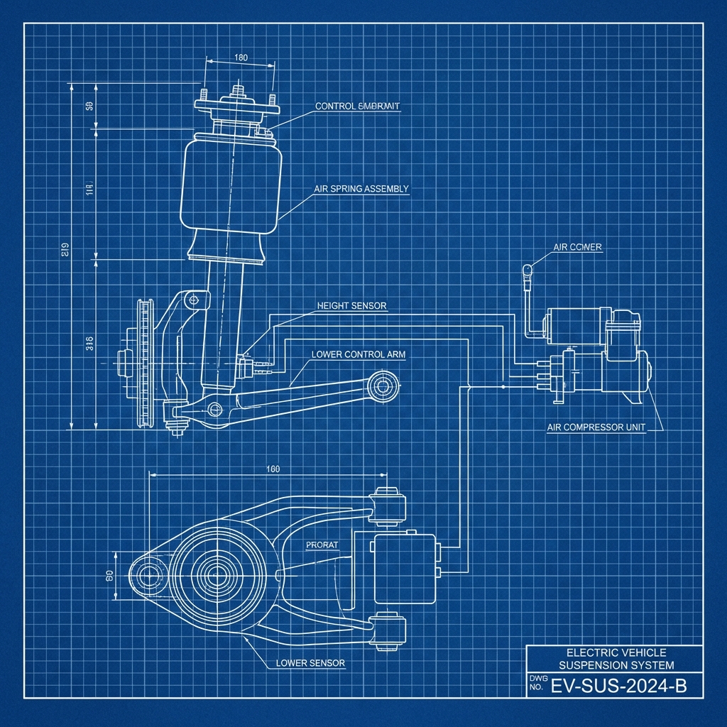 Audi e-tron Control Arm and Ball Joint Squeak technical blueprint illustration for Las Vegas repair service - detailed component schematic with orange accent highlights