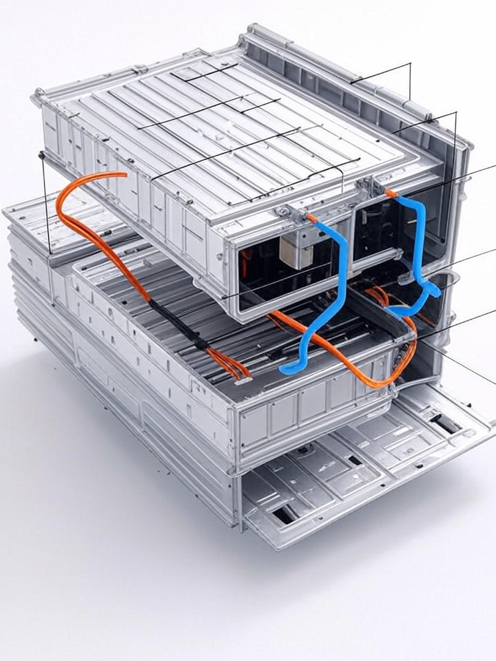 Ford Mustang Mach-E Battery Cell Module Repair technical blueprint illustration for Las Vegas repair service - detailed component schematic with orange accent highlights