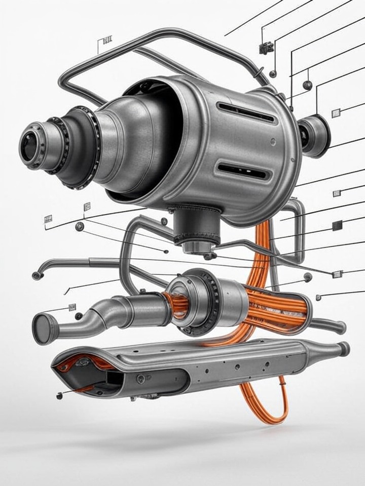 Rivian R1T Catalytic Converter Theft for Hybrids technical blueprint illustration for Las Vegas repair service - detailed component schematic with orange accent highlights
