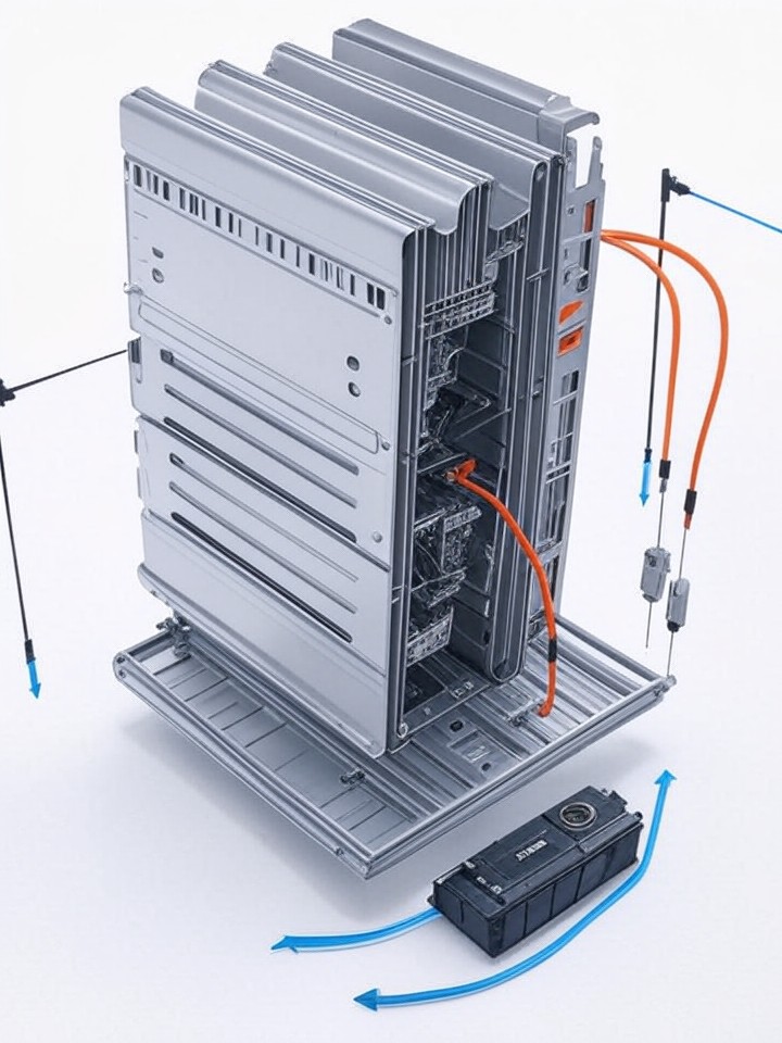 Tesla Model S Inverter Assembly Failure technical blueprint illustration for Los Angeles repair service - detailed component schematic with orange accent highlights