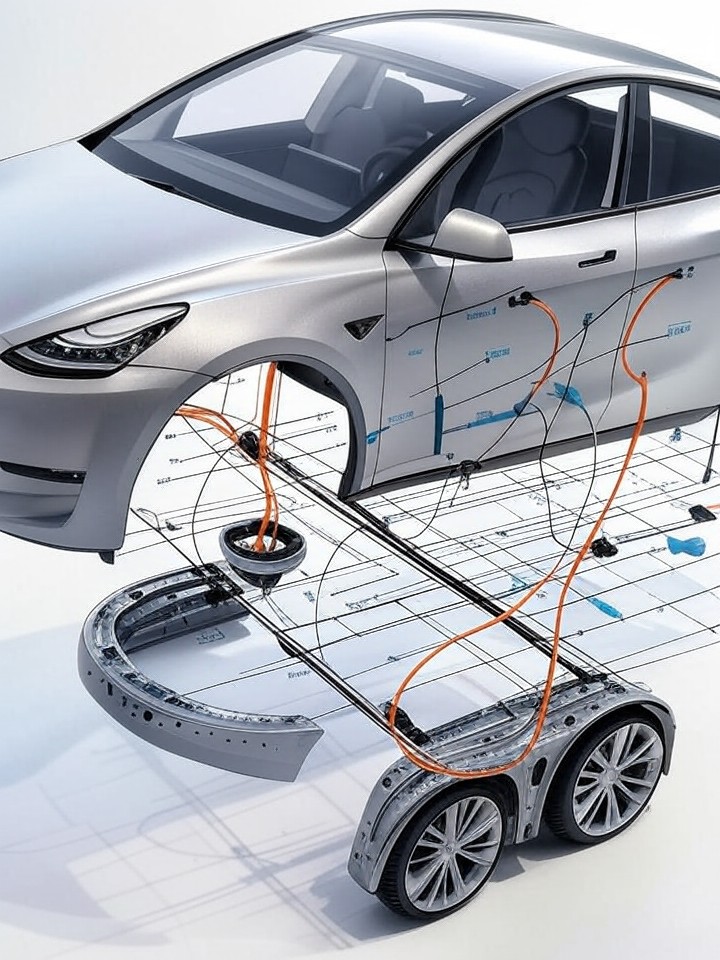 Tesla Model Y Onboard Charger Failure technical blueprint illustration for Miami repair service - detailed component schematic with orange accent highlights